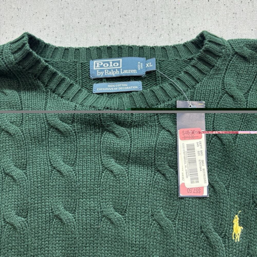 NWT Polo Ralph Lauren Men's XL Forest Green Cable Knit Cotton Sweater - Picture 2 of 3